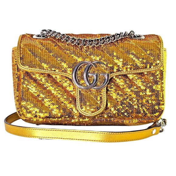 GUCCI Sequin Matelassé Diagonal Mini GG Marmont Shoulder Bag Gold Chain 2 Way - Picture 1 of 16